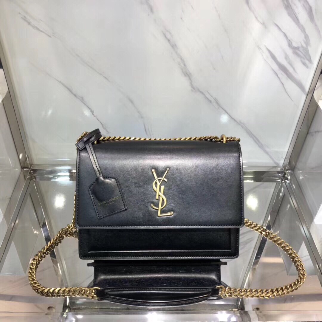 Saint Laurent Sunset Smooth Calfskin Handbag Shoulder Bag Black 442906 Gold